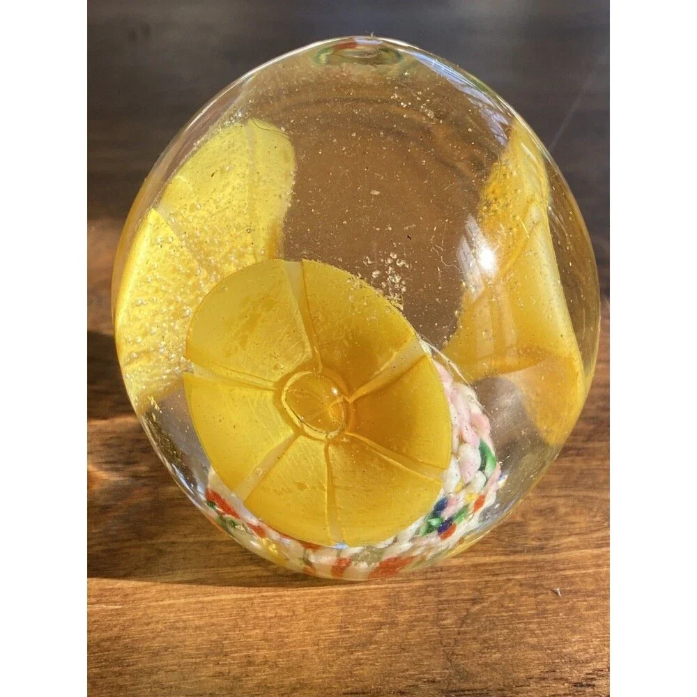 Art Glass Paperweight Yellow Trumpet Flower Blown Bubbles 3” Colorful Floral